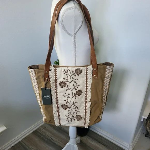 Myra Bag Jamee Jane Brown & Tan Embroidered Tote Shoulder Purse New With Tags - Picture 1 of 11